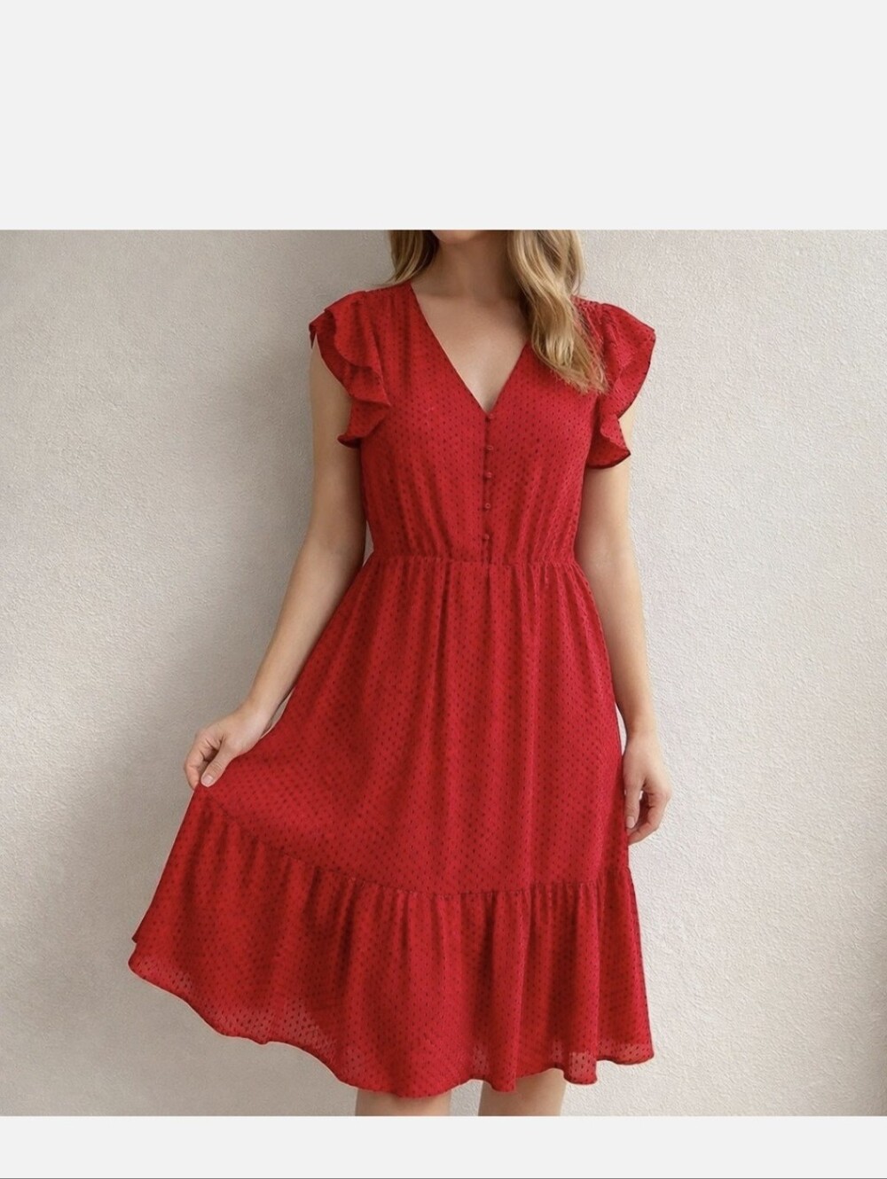 Banana Republic Red Button-Front Ruffle Midi Dress Sz.2 NWT
